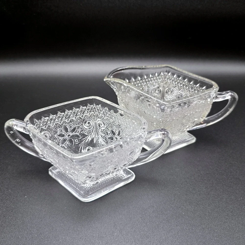 Vintage Clear Pressed Glass‎ Creamer and Sugar Bowl Set Floral Diamond Pattern